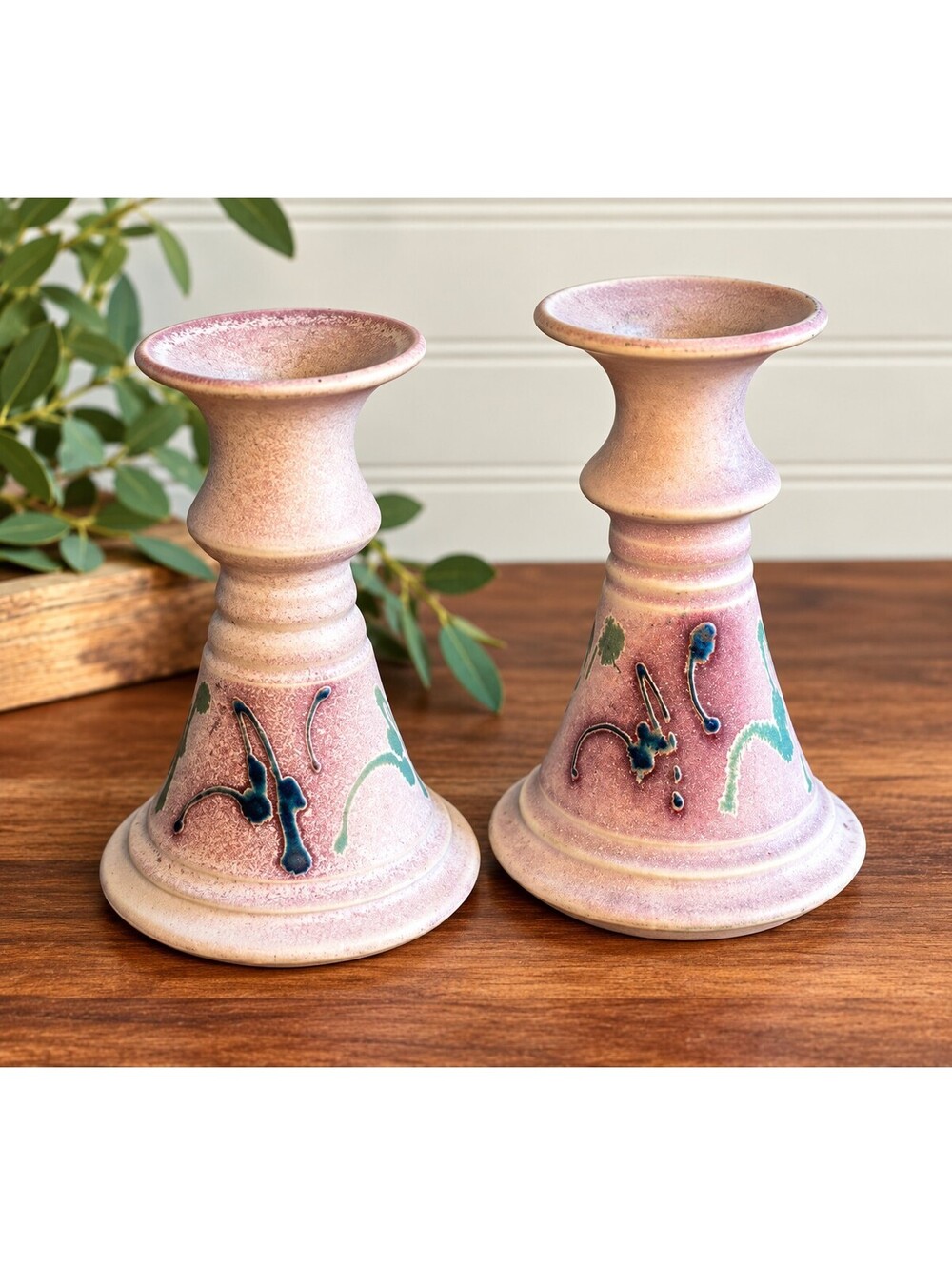 Vintage Signed Studio Pottery Candlestick Holder Pair